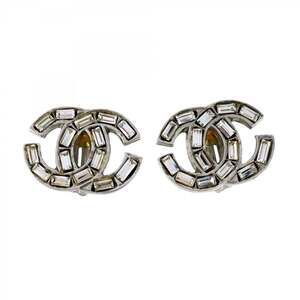 Chanel Coco Mark Metal Rhinestone Silver Earrings for Women